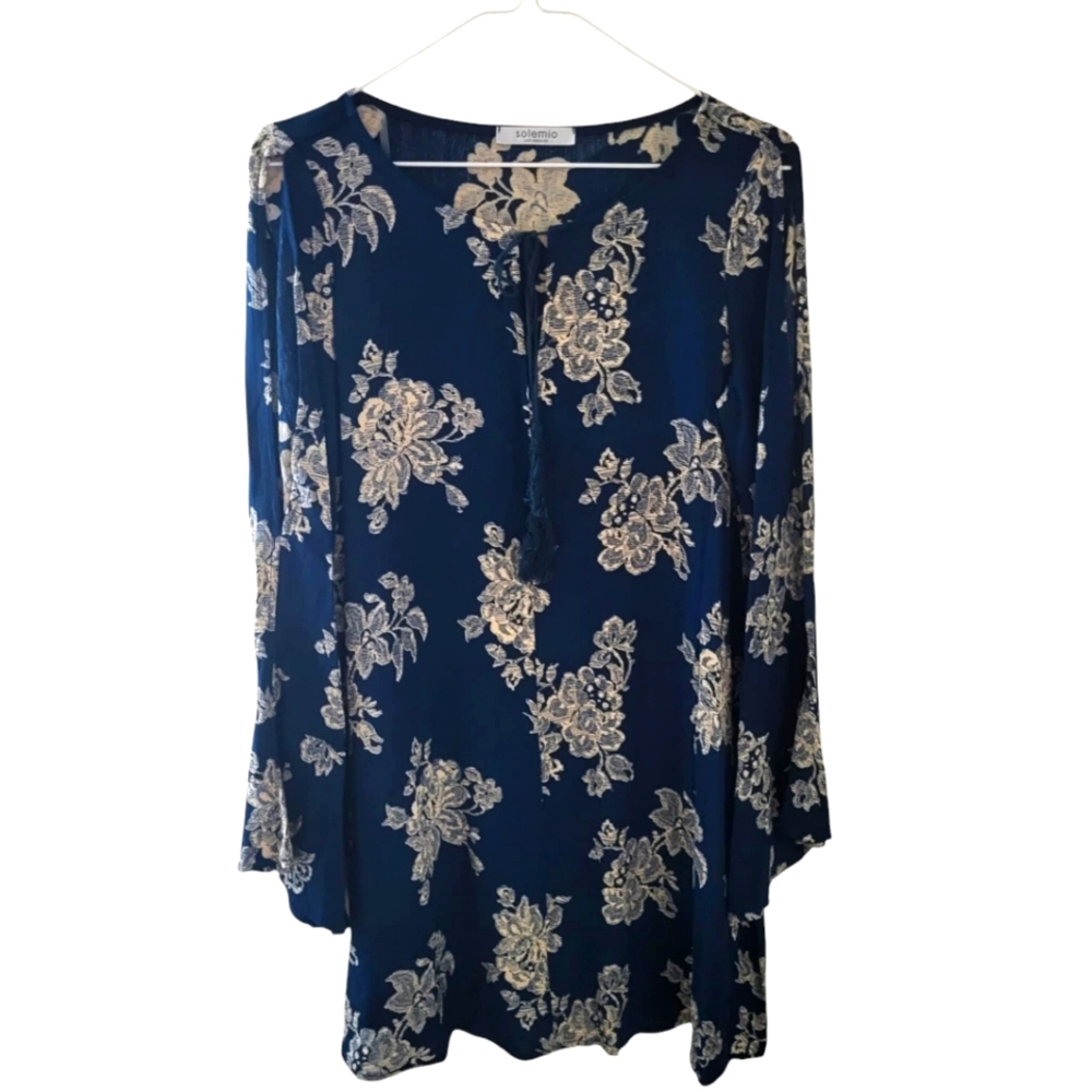 SOLEMIO Womens Boho dress S  Blue white floral pattern